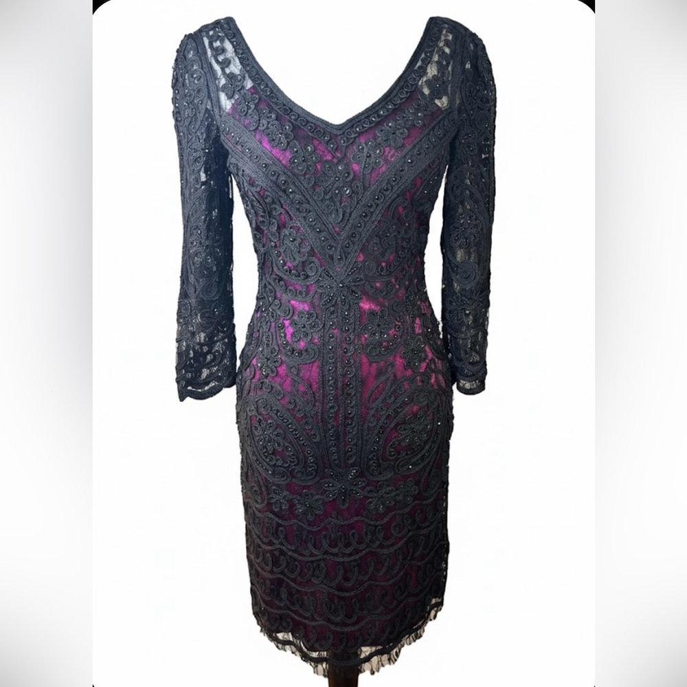 Sue Wong Nocturne Black Beaded Lace Cocktail Dress Magenta Lining Size 4